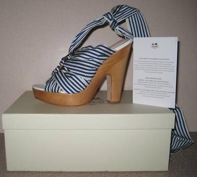 NEW Coach Leatherware Kimi Striped Ankle Wrap Blue Heel Sandal 