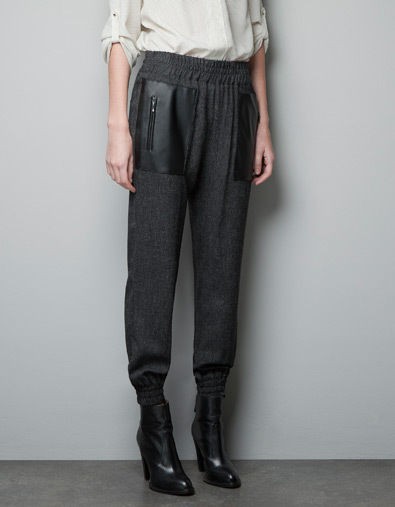 ZARA HERRINGBONE TROUSERS WITH ELASTIC AND FAUX LEATHER POCKET   Ref 