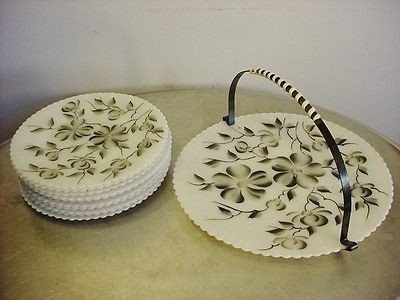 Vintage 50s Handpainted Milkglass Cake Plate Metal Carrier & 10 Match 