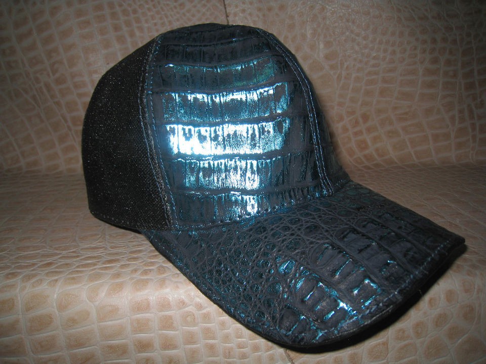 New Black/teal Exotic Crocodile Ostrich Skin Ball Cap Hat Adjustable