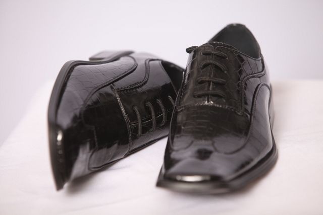 New Mens Black Dress Shoes Gator Print High Gloss Leon Shoes Lace Up 