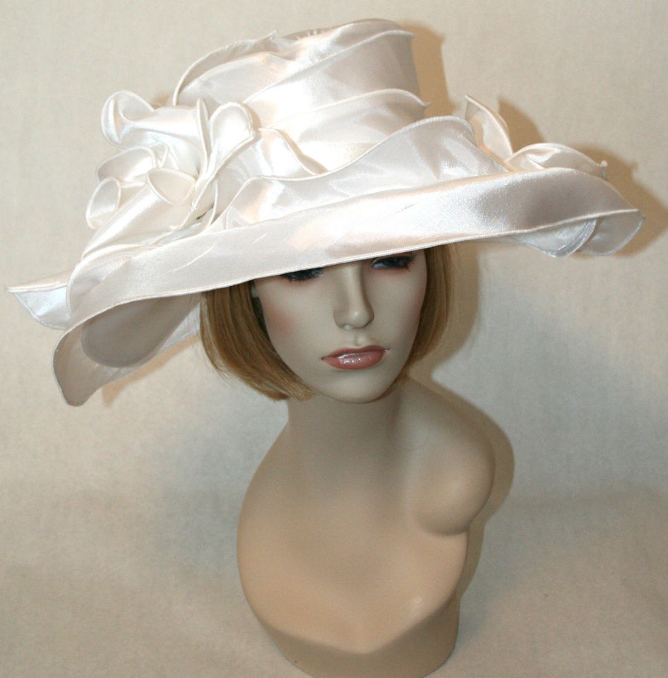 NEW Church Kentucky Derby Satin Taffeta Wide Brim Stark White Bride 