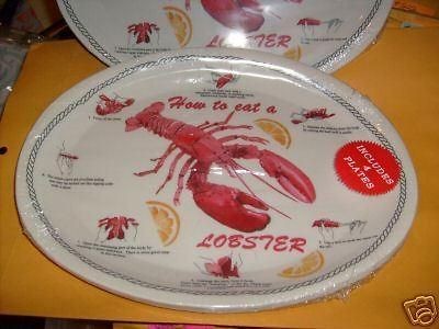 LOBSTER PLATES ~ SET of FOUR 13 HOW TO EAT A LOBSTER PLATTER + BIBS 
