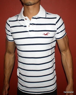 NEW HOLLISTER HCO MUSCLE SLIM FIT T SHIRT POLO RUGBY LINE COLLAR WHITE 
