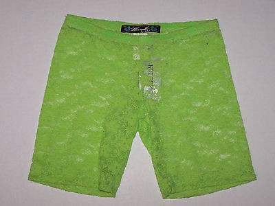 NWT JUNIORS THREADZ LACE FLORAL BIKE SHORTS LEGGINGS NEON GREEN SZ 