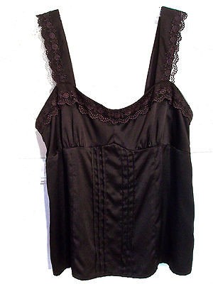 NANETTE LEPORE 12 Brown Silk Camisole Top Lace Straps Pintucks