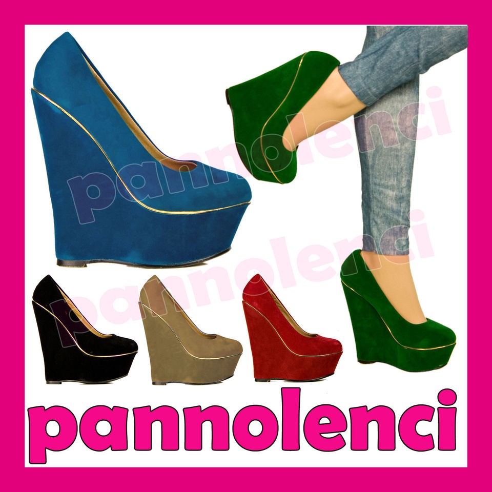 scarpe donna scamosciate zeppe zeppa inserti oro tacchi alti plateau