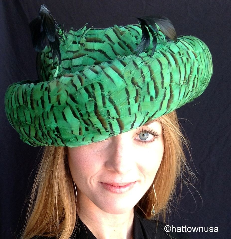 NEW JACK McCONNELL Church Hat Green Pheasant Feathers Felt Easter 