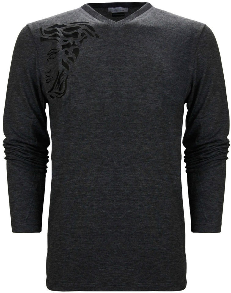 Versace Collection Medusa Logo Long Sleeve V Neck T Shirt Grey