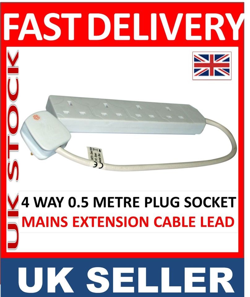 WAY UK 13AMP 0.5 METRE PLUG SOCKET GANG MAINS EXTENSION CABLE LEAD 