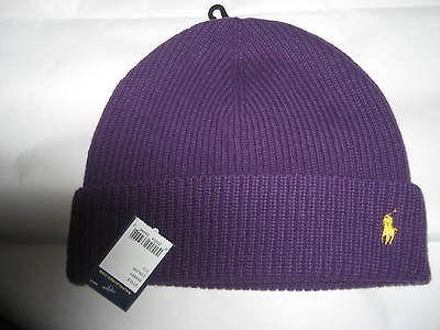   RALPH LAUREN PURPLE YELLOW PONY Merino Wool Cuff Beanie Hat Skull Cap