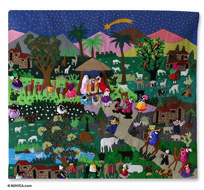 Christmas Fiesta~~Cotton Applique Nativity Wall Hanging 38x34~~Novic 