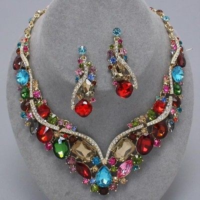   CRYSTAL GOLD MULTI VINTAGE STYLE GLASS PROM BRIDAL NECKLACE SET