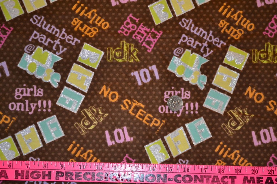 OOP JOANN CUTE BRIGHT SPARKLE GLITTER FUNKY SLEEPOVER ON BROWN FLANNEL 