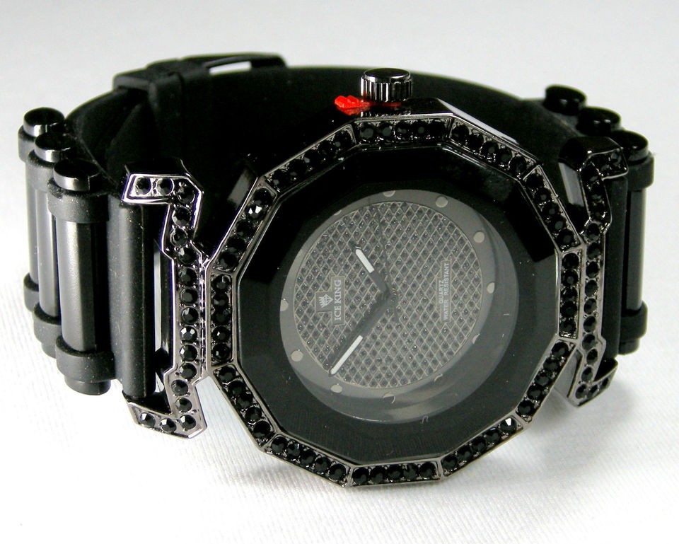 NEW ICE KINGS 45 MM WATCH 12 SIDED BLACK CRYSTAL BEZEL BLACK FACE 