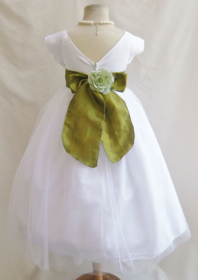 NEW VB WHITE/OLIVE MOSS GREEN BRIDESMAID FORMAL PAGEANT GOWN FLOWER 