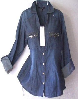 NEW~Chambray Blue Denim Vintage Garden Stud Blouse Work Shirt Top~4/6 