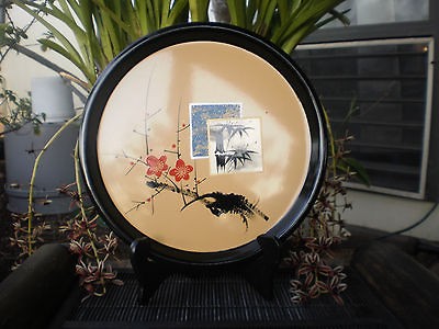 Elegant Black Japan Makie Gold Lacquer Wood Plate Tray Dish Tea 