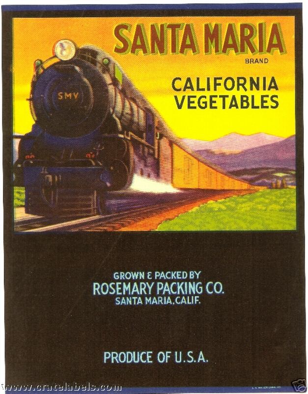 Original* SANTA MARIA Train Steam Engine ROSEMARY Cal Veg Label NOT A 