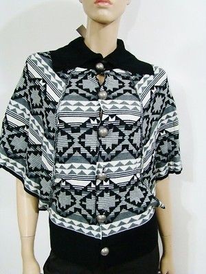 NEW One 7 Six Black Rayon Aztec Ribbed Knit Collar Poncho Cardigan 