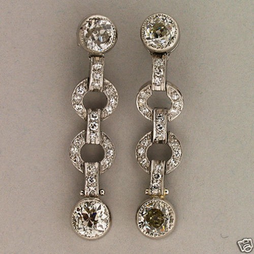   1910 ART DECO PLATINUM OLD EUROPEAN CUT DIAMOND HINGED DANGLE EARRINGS