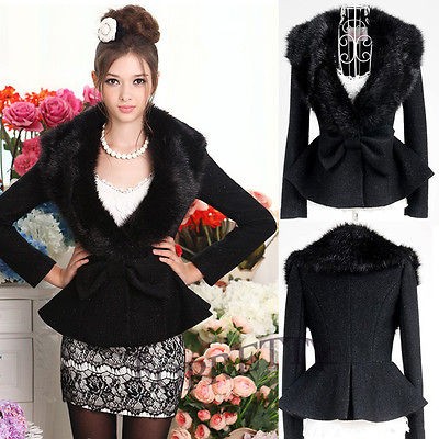 Winter Women Faux Fur Collar Wool Peplum Style Bow Coat Jacket Outwear 