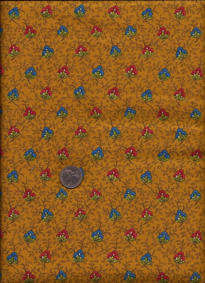 Provence Floral Print blue/rose on gold Fabric by Yuko Hasegawa for 