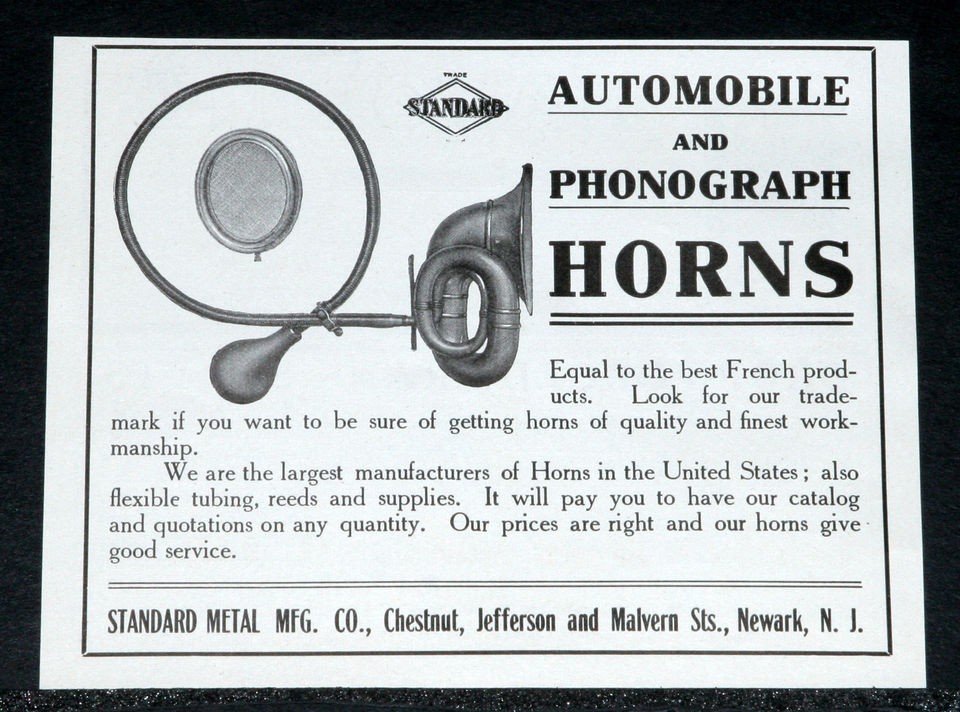 1909 OLD MAGAZINE PRINT AD, STANDARD AUTOMOBILE & PHONOGRAPH HORNS 