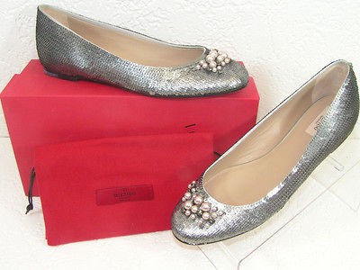 NIB VALENTINO SILVER SEQUINS PEARLS DRESS WEDDING FLATS 41 11