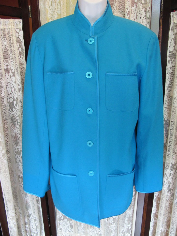 Shanghai Tang Teal Button Down Mandarin Collar Long Sleeve Wool Jacket 