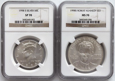 1998 S JOHN KENNEDY MATTE HALF DOLLAR & ROBERT KENNEDY DOLLAR NGC 