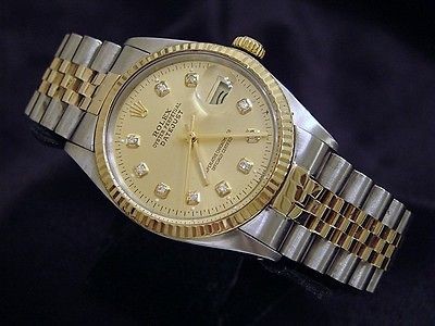 MENS   2TONE 18K GOLD & SS ROLEX DATEJUST WATCH DIAMOND DIAL