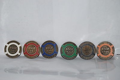 WSOP 2005 *RARE* BRASS POKER CHIPS / CARD PROTECTORS (SET OF 6) HARD 