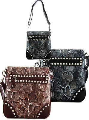 Western Rhinestone Python Snake Crossbody Messenger Bag Purse Gray 