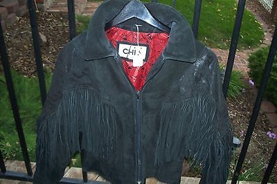 WOMENS FRINGE THICK SUEDE LEATHER JACKET W/ SNAKE SKIN LIKE TRIM VTG 