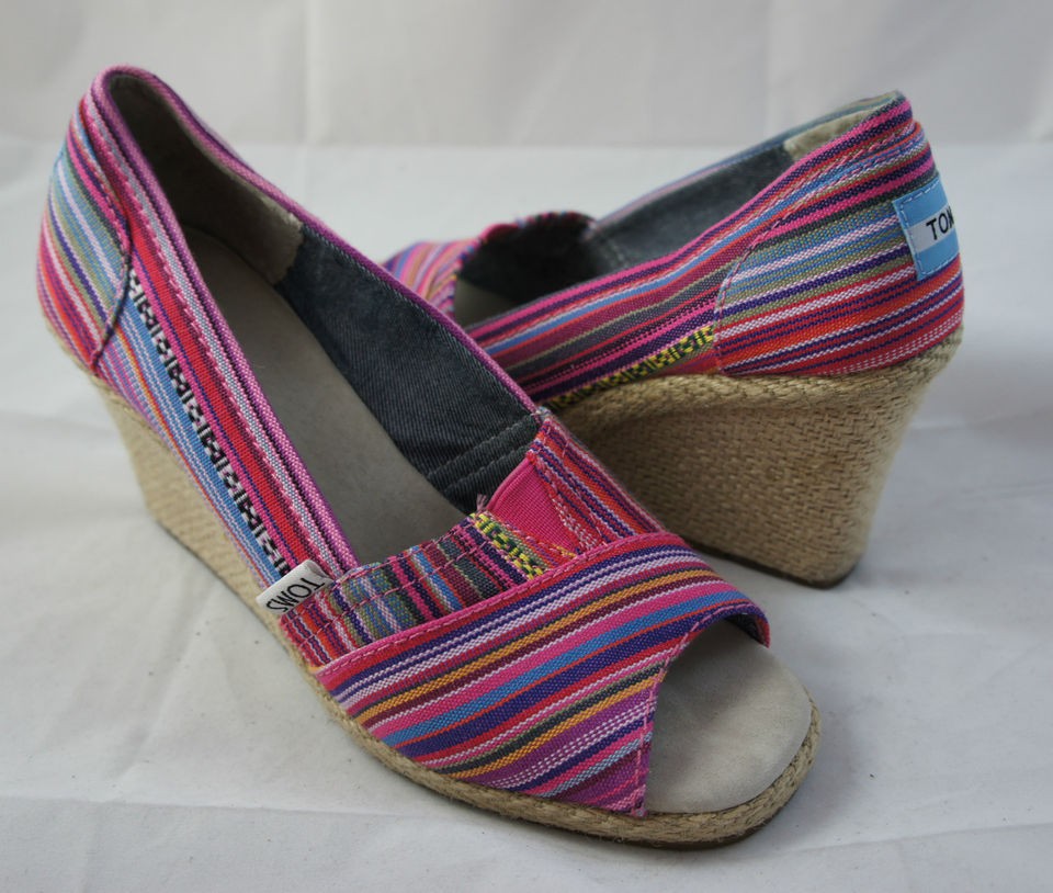 TOMS Woven Open Toe Wedge Espadrilles Heels Women