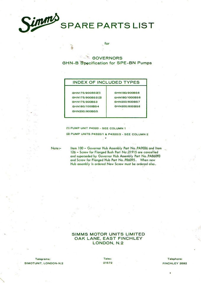 Cav Simms Governors GHN B   and Specification for SPE BN Pumps Parts 