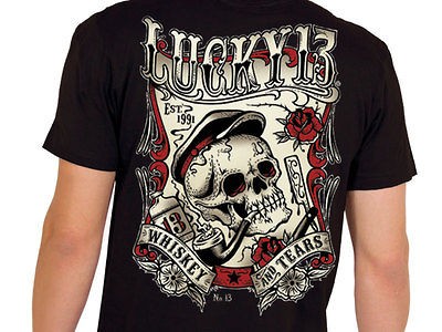 LUCKY 13 WHISKEY AND TEARS PIPE SMOKING SKELETON HEAD PUNK ROCKABILLY 