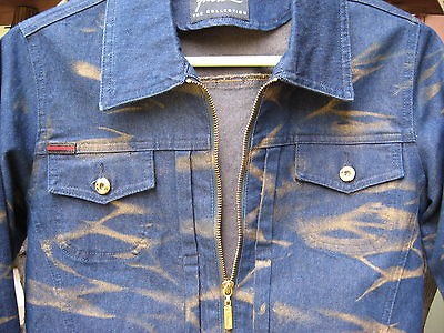   Jean Jacket 7 Coat Zip Up Blue Denim Gold Stripes Lt Weight Womens
