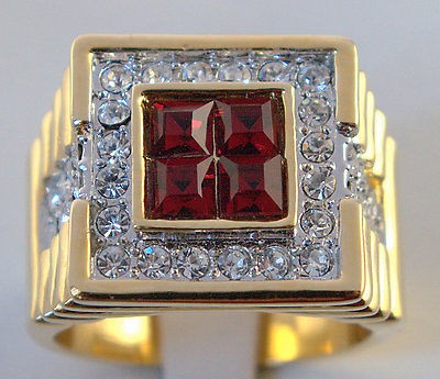 MENS quad Red MONTANA Ruby simulated ring 14K yellow gold overlay size 