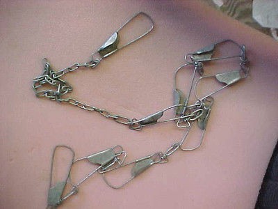   Vintage Metal Chain fishing fish stringer 9 hook clamp walleye holder