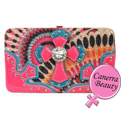 Bohemian Abstract Floral Rhinestone Cross Bling Flat Clutch Bifold 