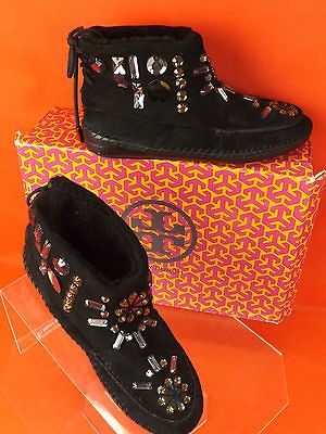 TORY BURCH BLACK ZUZU EMBELLISHED MOCCASIN SHEARLING REVA ANKLE WINTER 