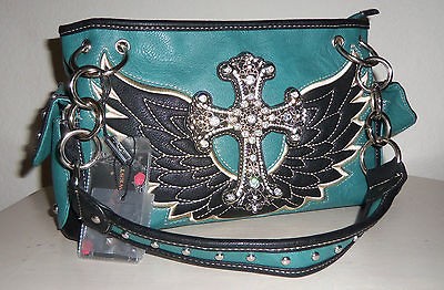   RHINESTONE CROSS TURQUOISE & BLACK EMBROIDERED WING PURSE HANDBAG