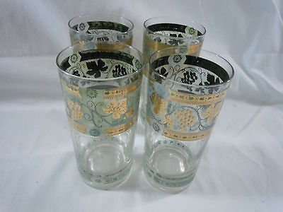 VTG 24K Gold Cora Glasses 5 1/2  Tall Set 4 Green Gold Grapes Columns 