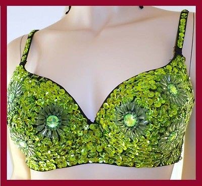 burlesque sexy sequin beaded green bra belly dance 1 sz