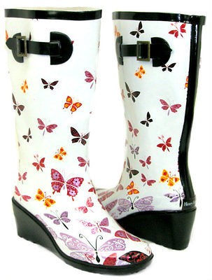 Medium Wedge GALOSHES WELLIES RUBBER RAIN Boot Hunter WHITE BUTTERFLY 