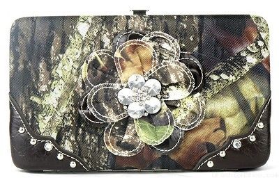 WESTERN COWGIRL CAMO BLING RHINESTONE FLOWER LADIES FLAT WALLET BROWN