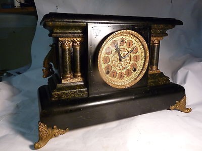 Antique 1890 EN Welch Black Victorian Mantel Clock Green Marbelized 