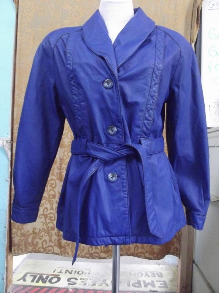 Wilsons Blue Leather Womens Jacket with Padded Shoulders and Belt 